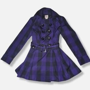 Candies Jacket Double Breasted Black And Purple Checkered Belted Coat Size XL